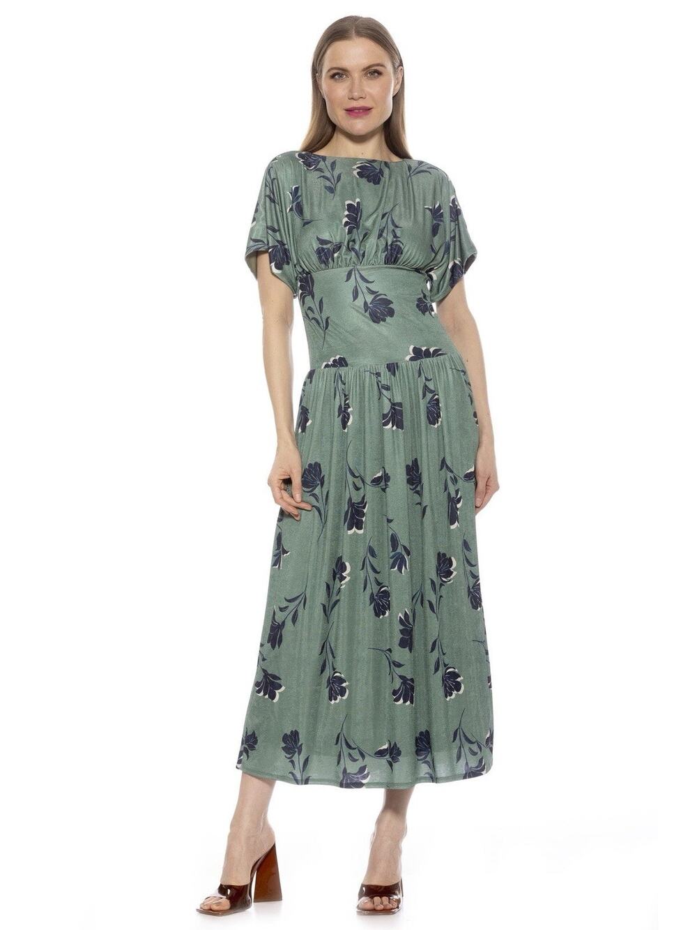 ALEXIA ADMOR Sage Floral Luna Dress NWT FLAWS Drop Waist Midi Wedding Small